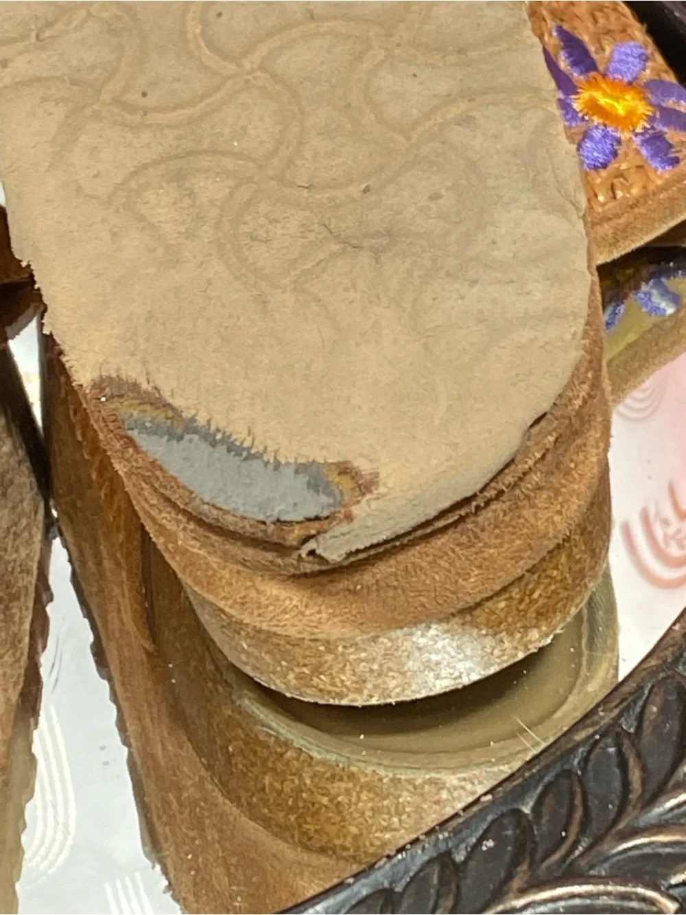 Embroidered Tan Suede Platform Slide Sandals with Buckles